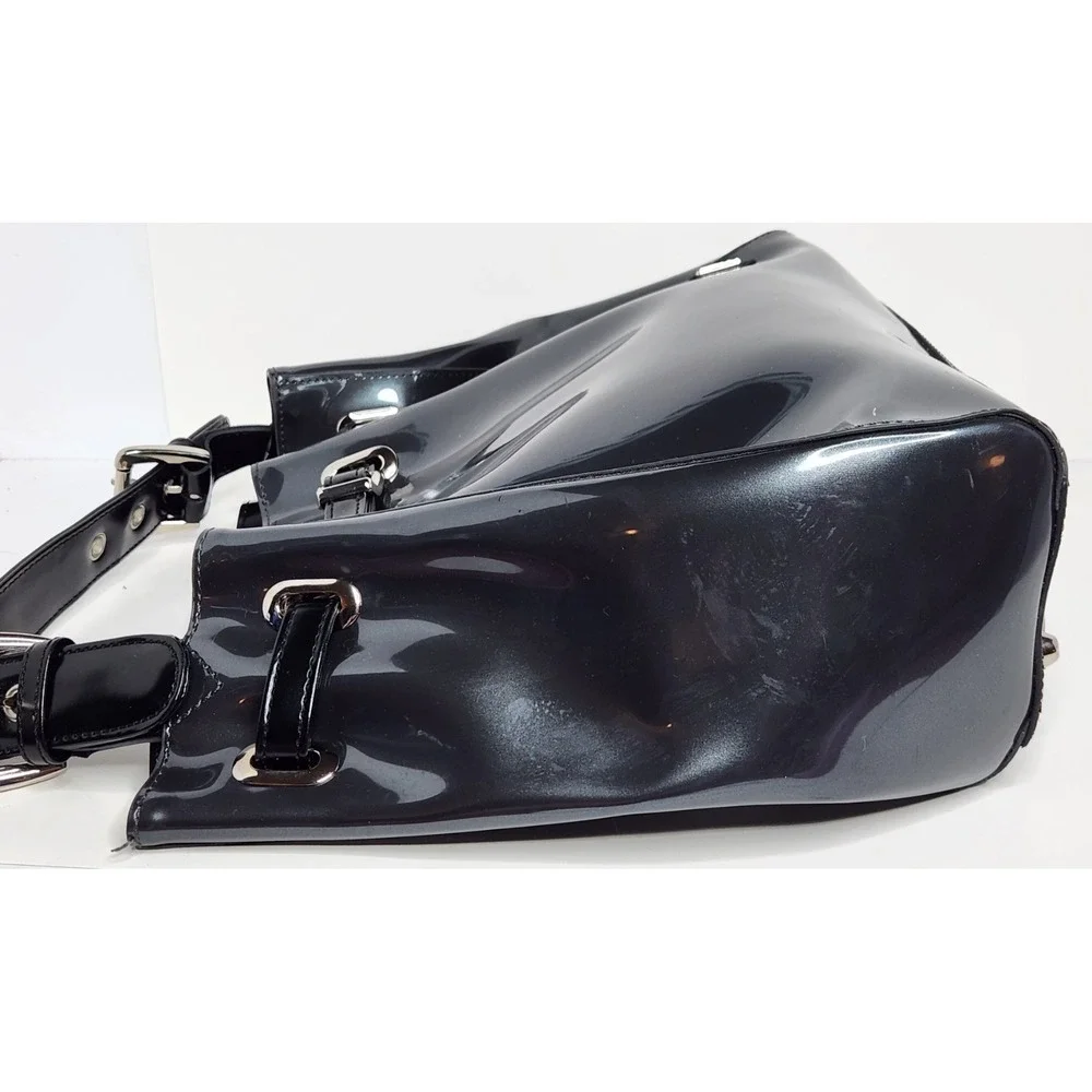 Beijo Classic Black Patent Shoulder Bag Silver Hardware Adjustable Strap Pockets